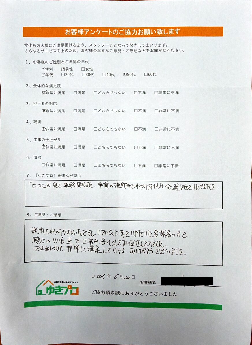 ゆきプロアンケート画像:大阪府箕面市 Y様:【マンション】洗面、トイレ、内装リフォーム